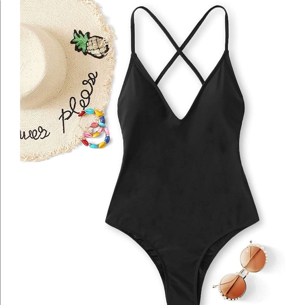 New Plunge Neck Cross Back High Cut One Piece Bathing Suits Swimsuit